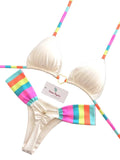 Contrasting Stripe Triangle Bikini with Gold-Tone Heart Hardware and Ruched Detailing