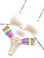 Contrasting Stripe Triangle Bikini with Gold-Tone Heart Hardware and Ruched Detailing