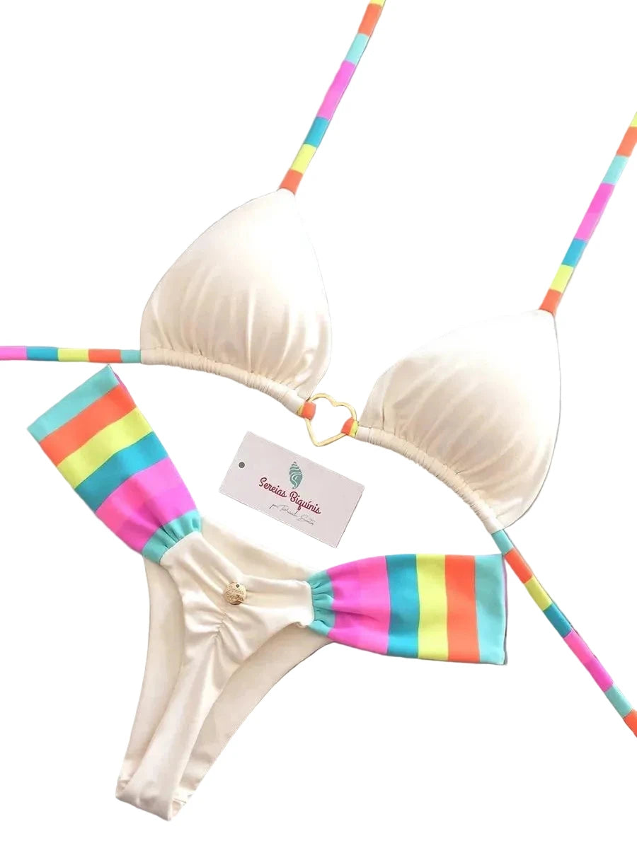 Contrasting Stripe Triangle Bikini with Gold-Tone Heart Hardware and Ruched Detailing