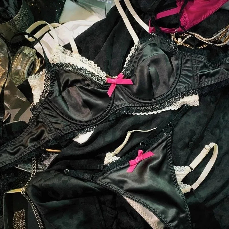 Sleek Black Satin-Finish Underwire Bra Set with Pink Ribbon Accents