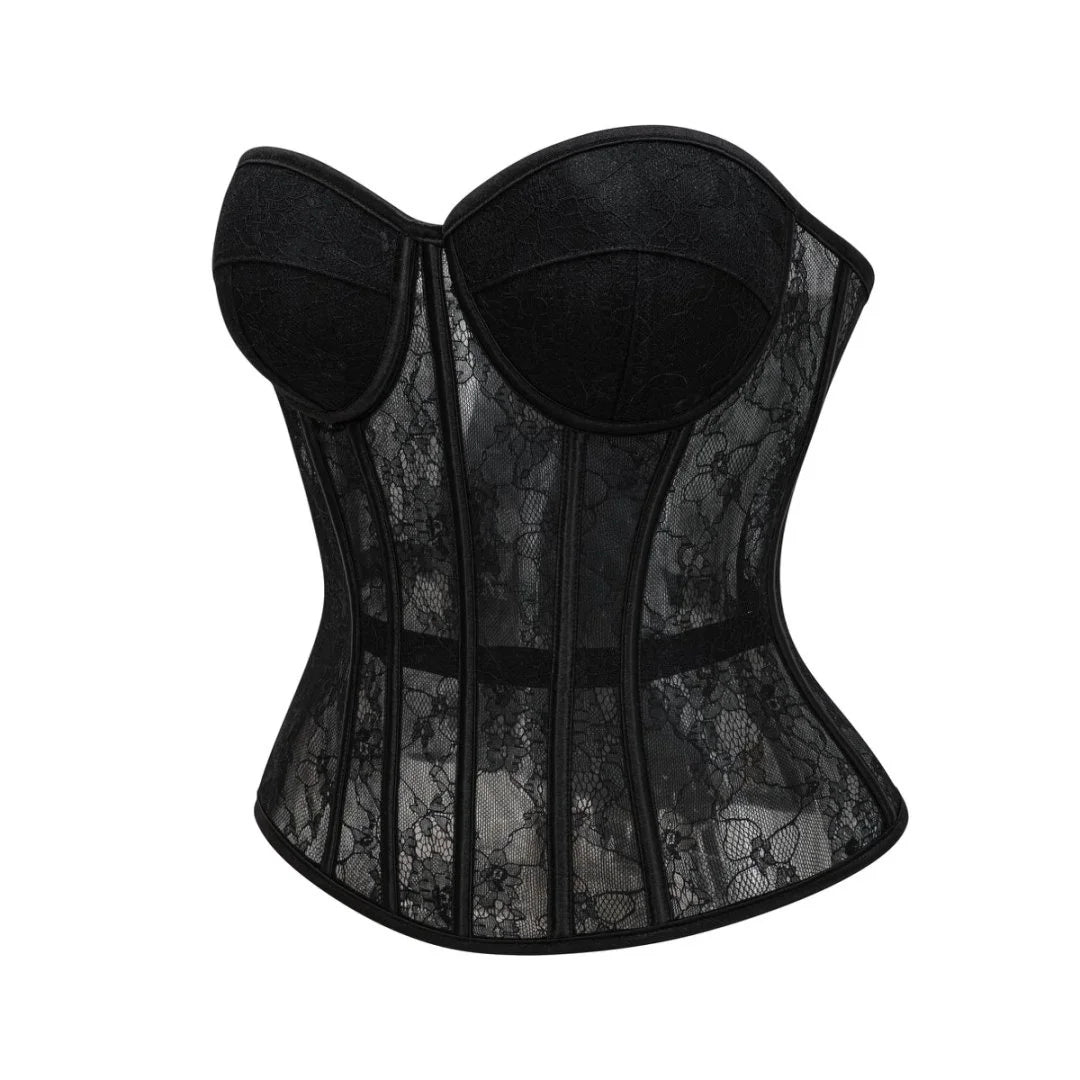 Sheer Black Floral Lace Overbust Corset with Structured Cups