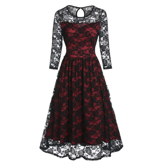 Gothic Lace Overlay Floral Pattern Alternative Fashion Midi Dress