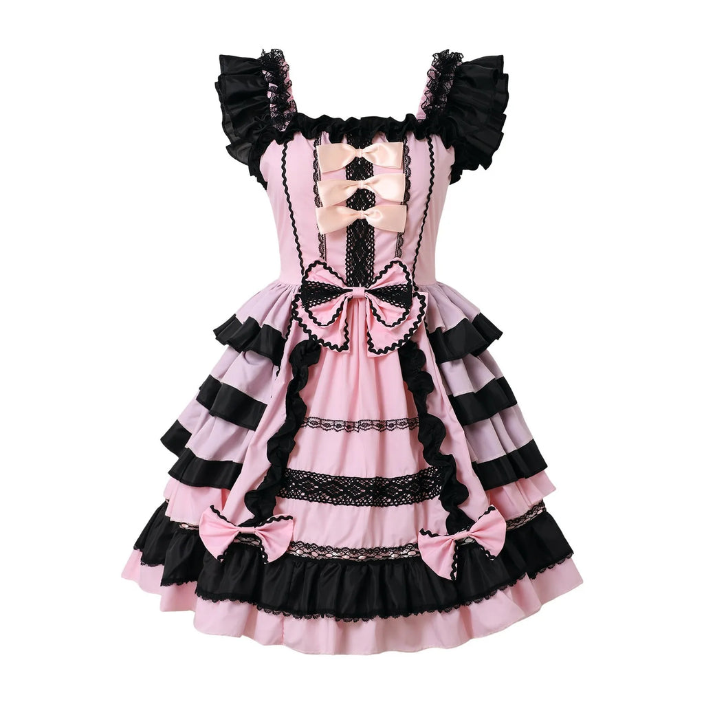 Playful Pink and Black Ruffled Sweetheart Dress with Decorative Bows and Lace Trim
