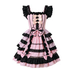 Playful Pink and Black Ruffled Sweetheart Dress with Decorative Bows and Lace Trim
