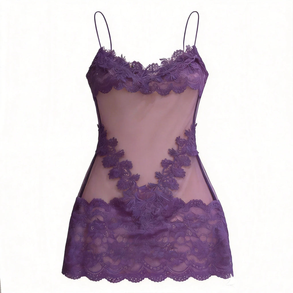 Deep Plum Sheer Mesh Chemise with Intricate Floral Lace Appliqué
