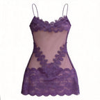 Deep Plum Sheer Mesh Chemise with Intricate Floral Lace Appliqué