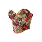 Vintage-Inspired Floral Print Strapless Corset with Scalloped Lace Trim