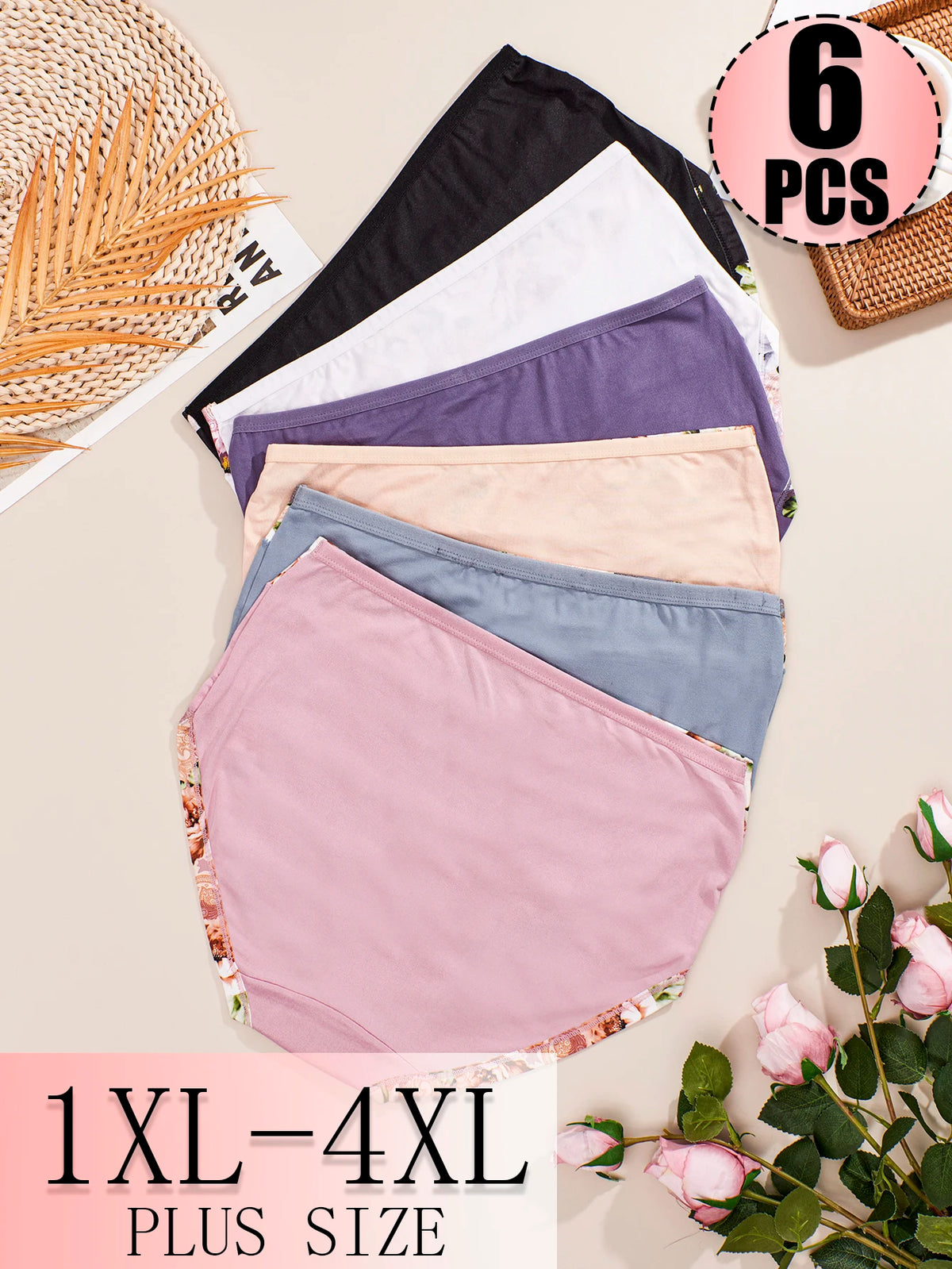 6-Piece Women’s Plus-Size High-Waisted Printed Panties Set with Feminine Floral Patterns and Classic Full Brief Silhouette