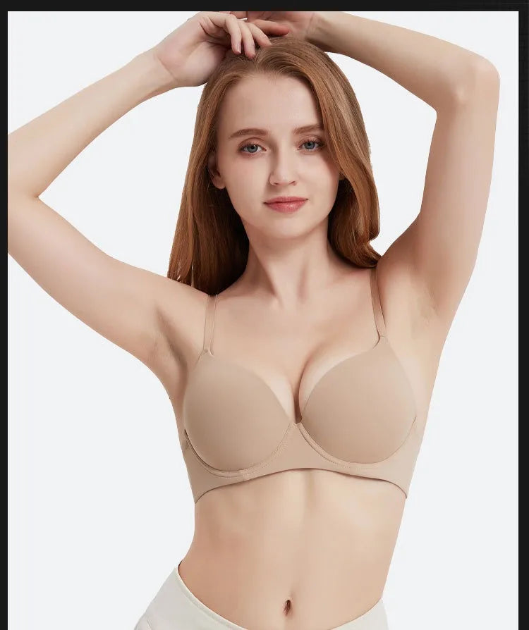 Seamless Smooth Molded Cup Bra with Adjustable Straps and Plunging Neckline