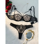 Sheer Embroidered Demi Bra and Strappy Cutout Thong Set with Bow-Accented Harness Details