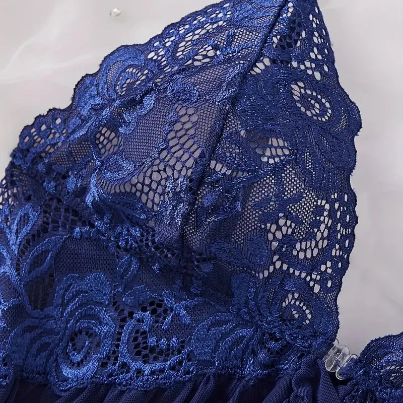 Midnight Blue Lace-Bodice Chemise Set with Playful Ruffled Hem