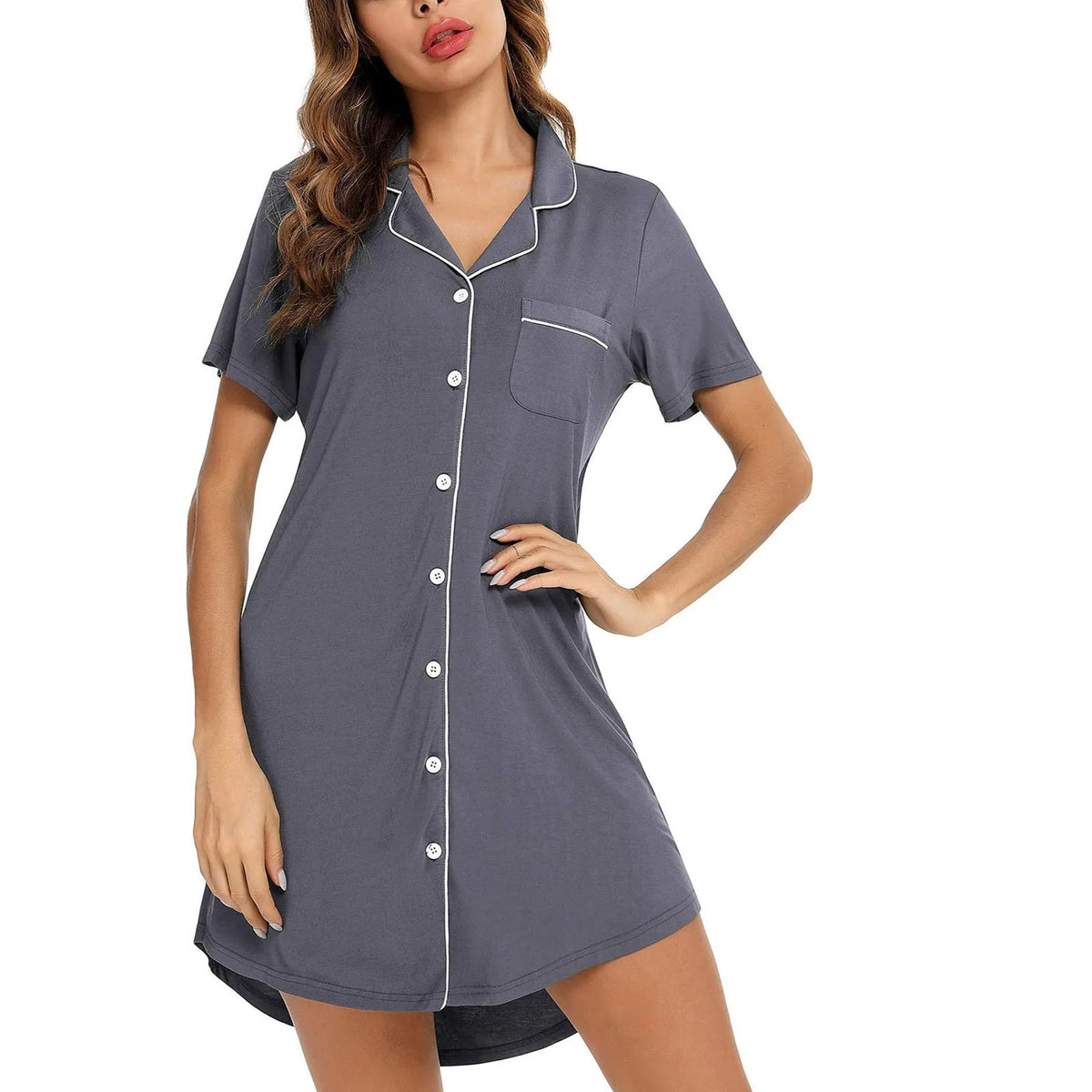 Women's Button-Down Mini Nightgown, Short-Sleeve Style with Soft Casual Silhouette, Solid-Color Sleep Shirt and Relaxed Homewear