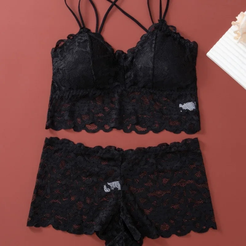 Floral Lace Longline Bralette and Coordinating Boyshort Set with Double Front Straps