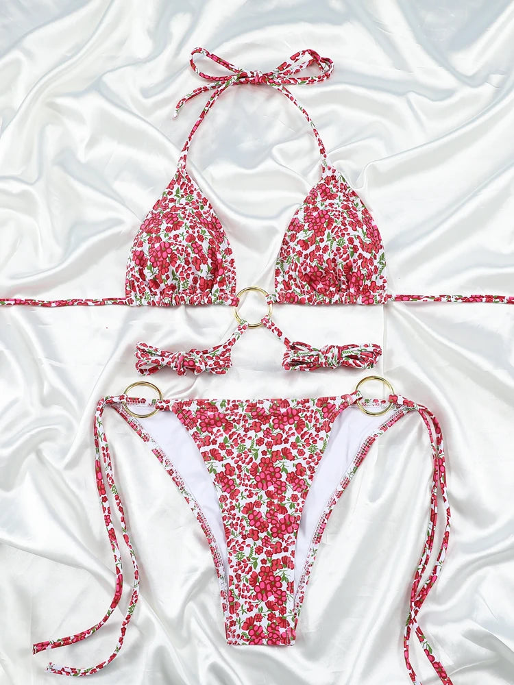 Vibrant Abstract Print Triangle String Bikini with Multi-Strap Cutout Bottoms