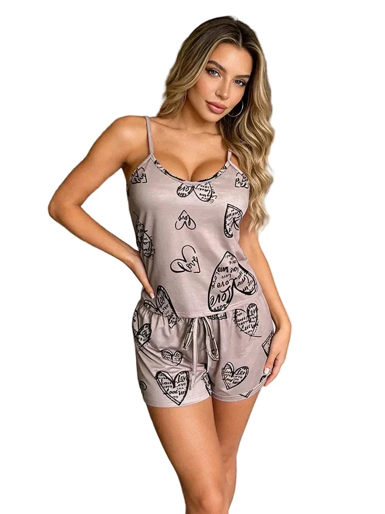 Women's Ice Silk-Style Pajama Set with Printed Sleeveless Top and Matching Shorts, Round Neck Lightweight Summer Sleepwear