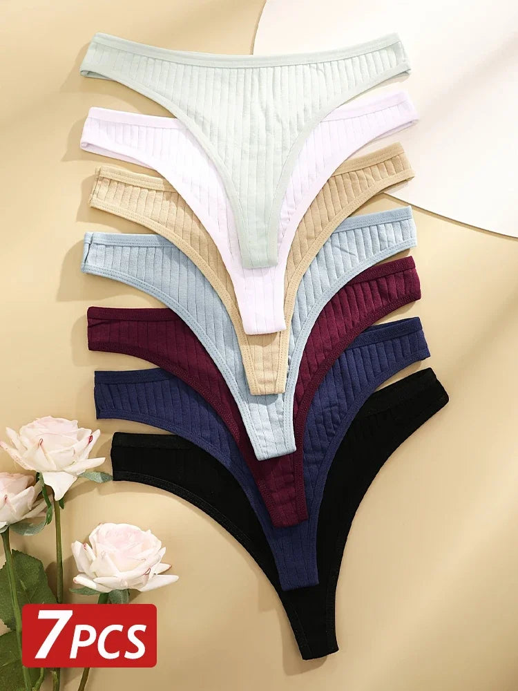 7-Piece Women’s Ribbed Low-Rise Thong Set with Solid Colors, Minimal G-String Silhouette and Soft Everyday Styling