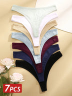 7-Piece Women’s Ribbed Low-Rise Thong Set with Solid Colors, Minimal G-String Silhouette and Soft Everyday Styling