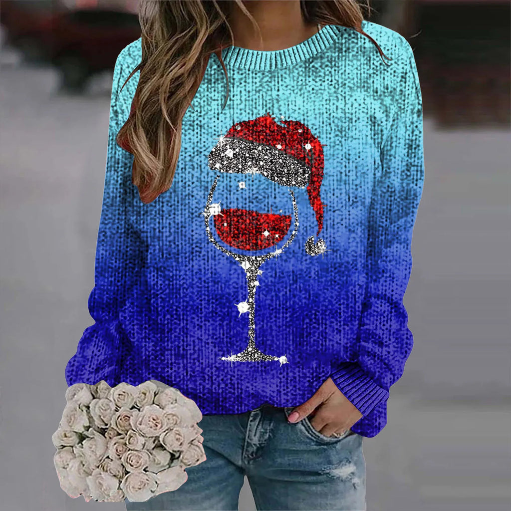 Women's Festive Graphic Crew Neck Thick Knit Pullover Sweater With Relaxed Fit