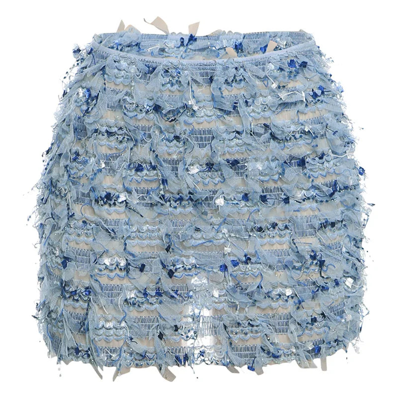Textured Fringe Mini Skirt with Layered Tassel Festival Fashion Design