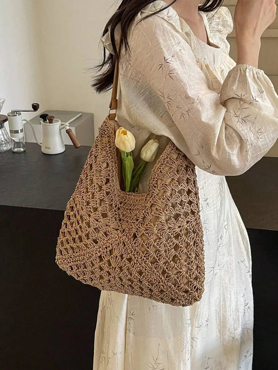 Handwoven Straw Tote Shoulder Bag with Open Relaxed Silhouette