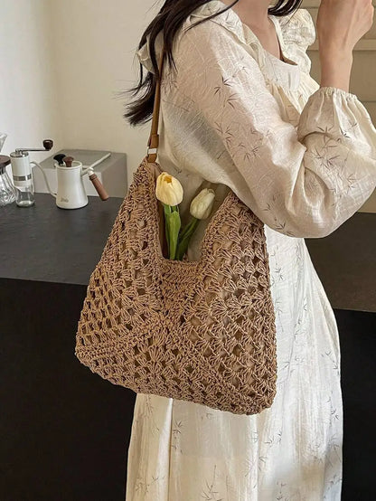 Handwoven Straw Tote Shoulder Bag with Open Relaxed Silhouette
