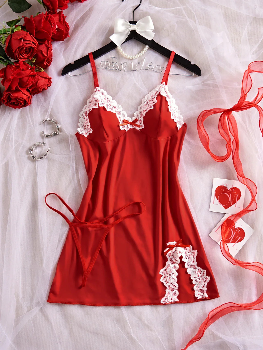 Lavender Lace-Trimmed Babydoll Nightdress with Matching Panty and Side Slit Detail