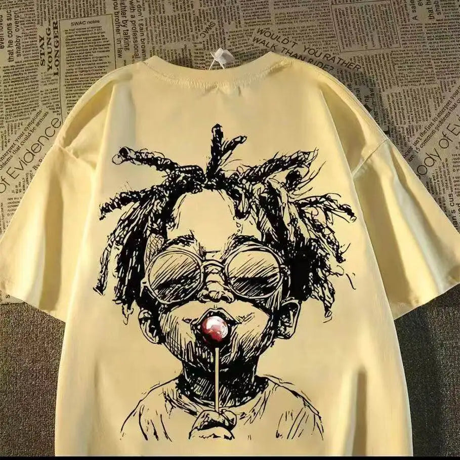 Retro Graphic Streetwear Cotton Blend T-Shirt With Playful Artwork Style