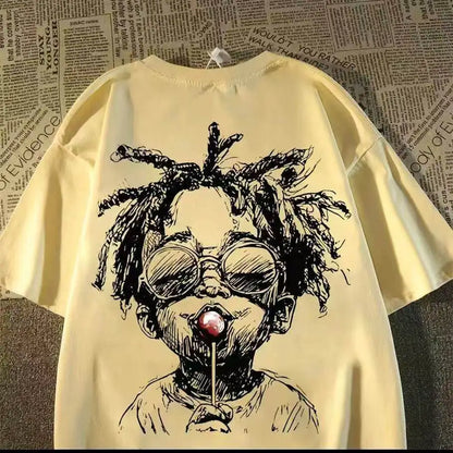 Retro Graphic Streetwear Cotton Blend T-Shirt With Playful Artwork Style