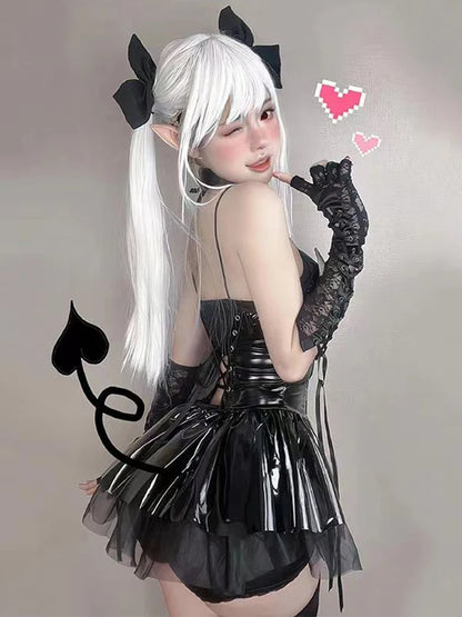 Gothic Vinyl Corset Mini Dress with Layered Alternative Fashion Silhouette