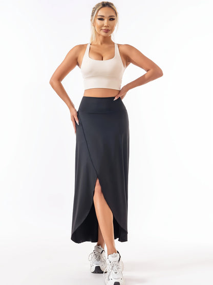 High Waist A-Line Midi Skirt with Front Slit Flowing Contemporary Casual Style