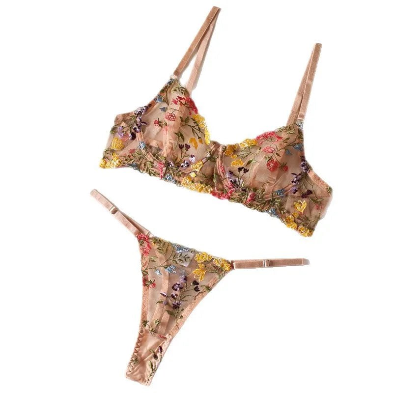 Vibrant Orange Sheer Mesh and Floral Embroidered Underwire Lingerie Set
