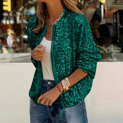 Women's Glitter Zip-Up Bomber Jacket with Relaxed Fit and Statement Evening Streetwear Style