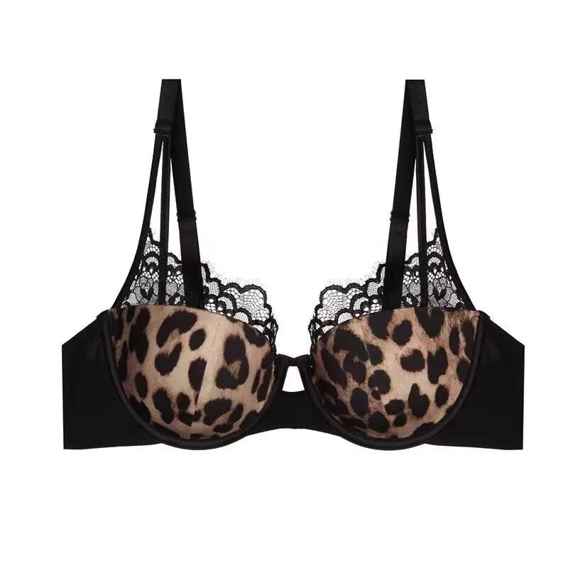 Bold Leopard Print Contour Bra with Black Lace Trim