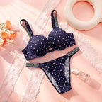 Retro Polka Dot Push-Up Bra and Rhinestone Statement Strap Thong Set
