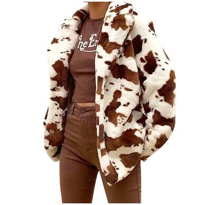 Women's Plush Animal Print Faux Fur Jacket Relaxed Casual Statement Winter Outerwear