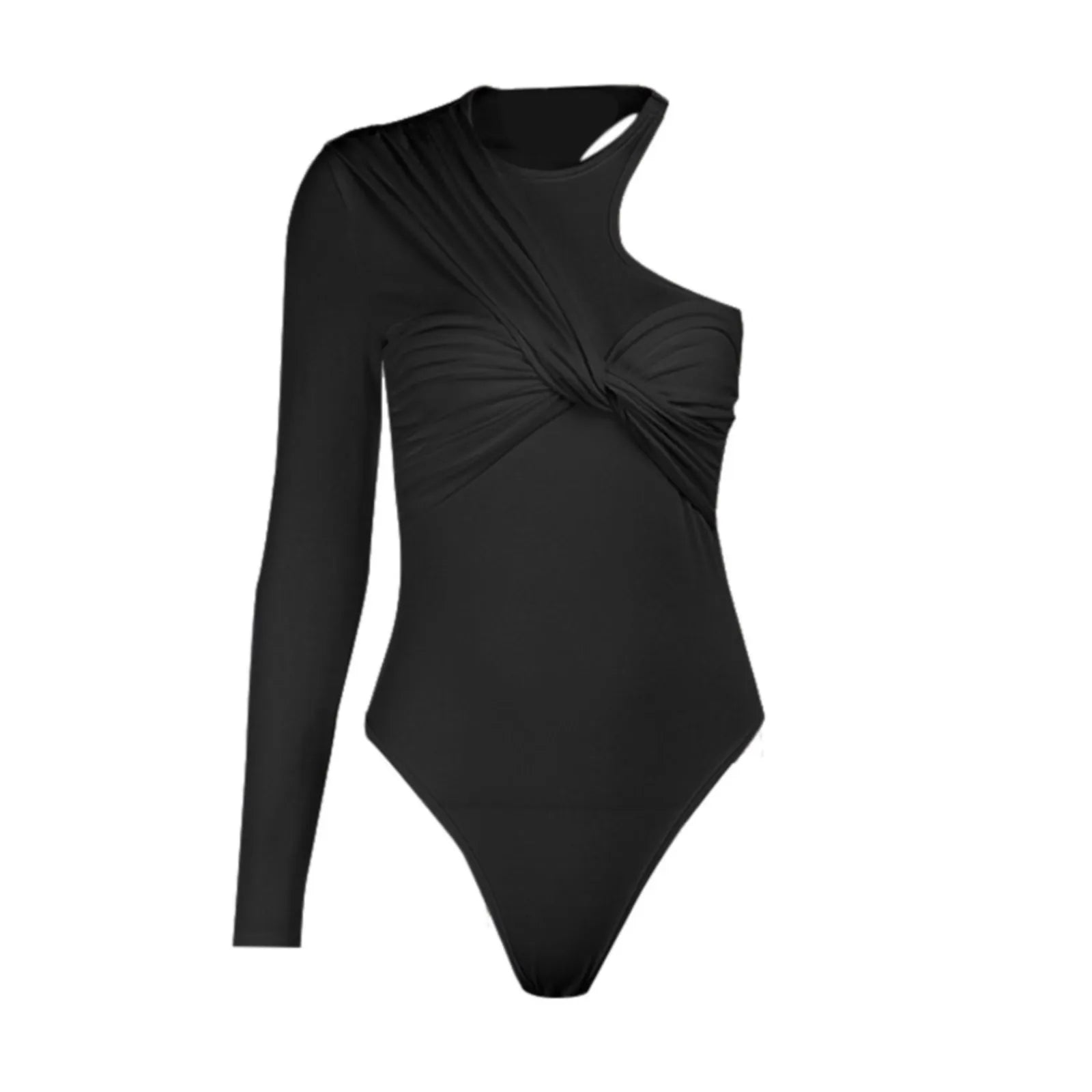 Asymmetric One Shoulder Ruched Long Sleeve Alternative Fashion Bodysuit Top