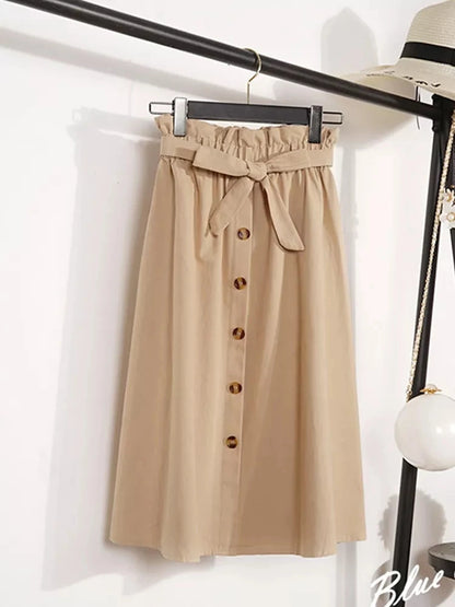 High Waist Pleated Midi Skirt with Button Front Elegant Contemporary Everyday Fashion
