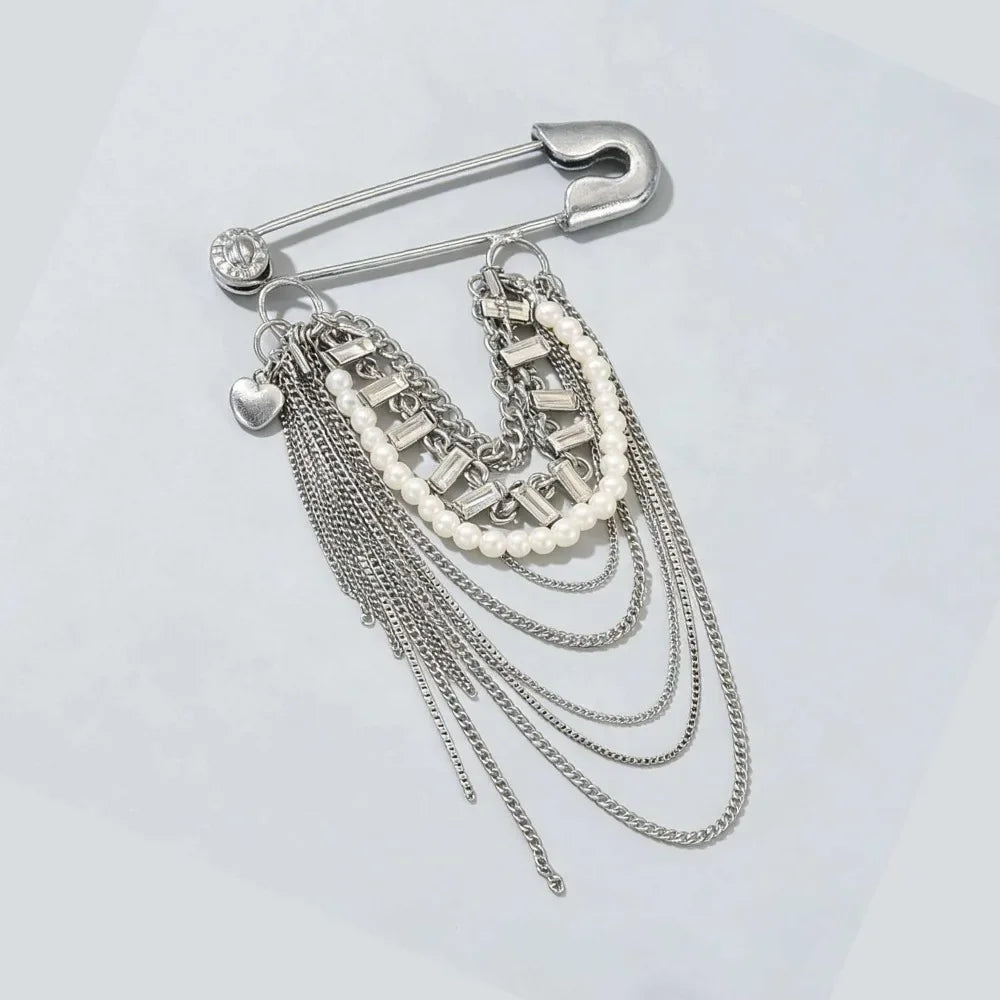 Punk Safety Pin Chain Tassel Statement Brooch Accessory
