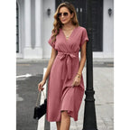 Dusty Rose Wrap-Style Midi Dress with Short Sleeves and Tie Waist