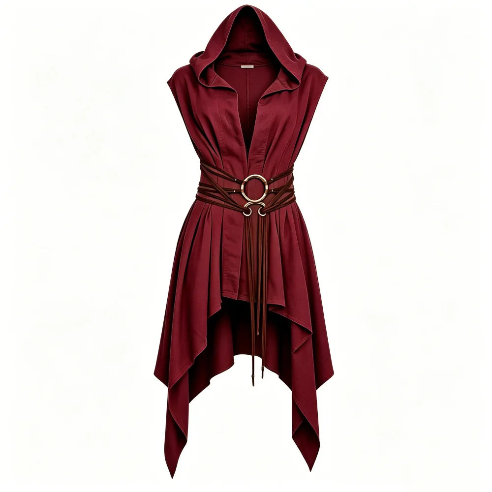 Earth-Toned Asymmetrical Hooded Sleeveless Tunic for Historical Fantasy Roleplay
