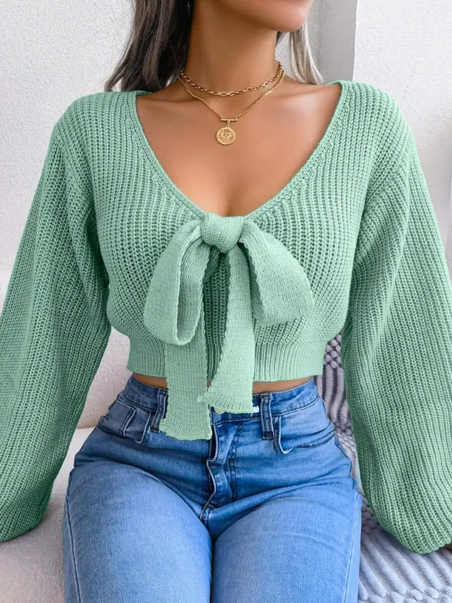 Women's V-Neck Bow Tie Front Cropped Knit Sweater With Relaxed Sleeves