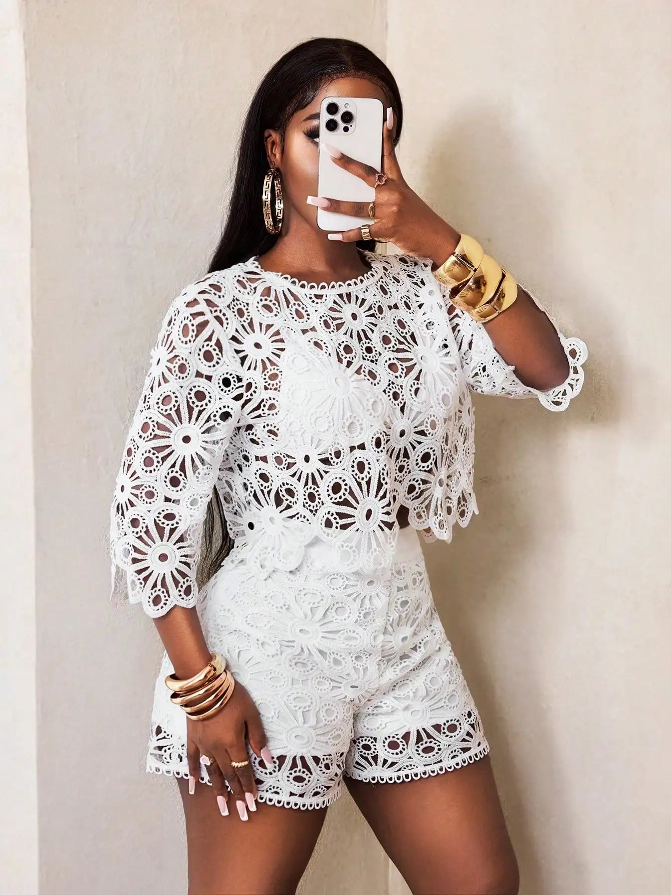 Lace Detail Top and Shorts Statement Summer Co-Ord Set for Women