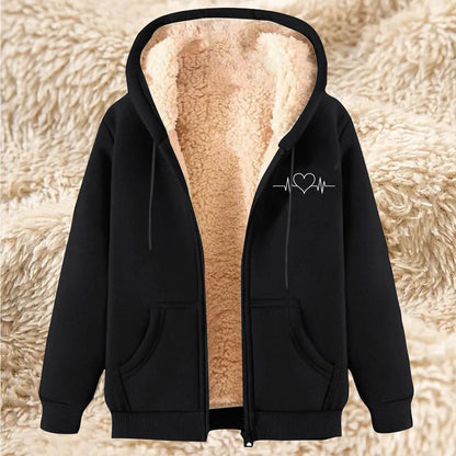 Women's Hooded Plush Fleece Zip Jacket with Minimal Heart Graphic Streetwear Style