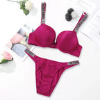 Sleek Minimalist Contour Underwire Bra and Thong Set with Crystal-Embellished Straps
