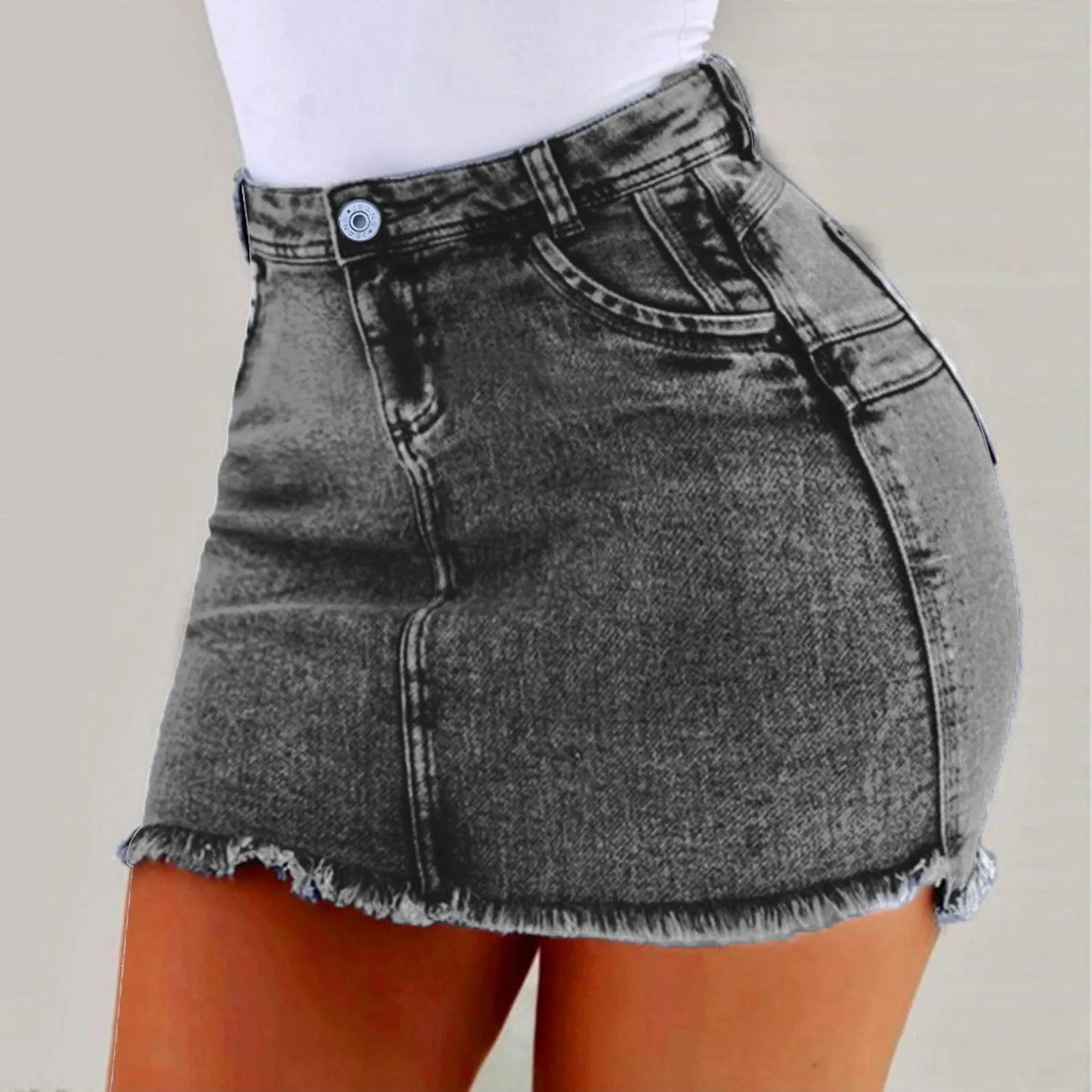 High Rise Distressed Edge Denim Mini Skirt With Clean Street Fit
