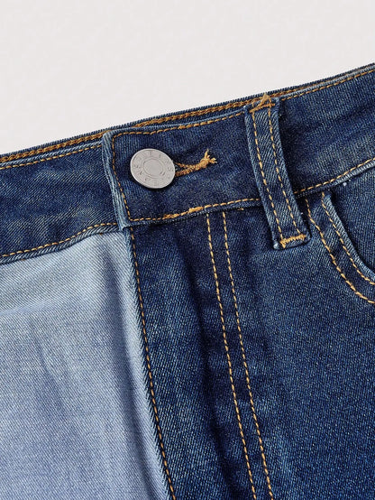 Patchwork Panel High Rise Denim Mini Skirt with Contrast Streetwear Design