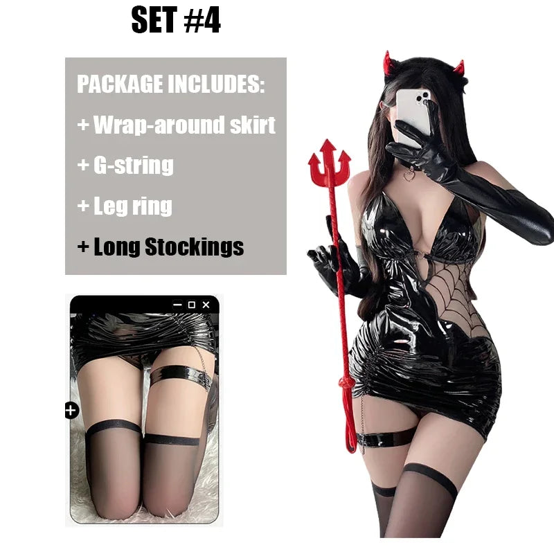 Glossy Black V-Neck Bodycon Mini Dress with Sheer Spiderweb Mesh Paneling