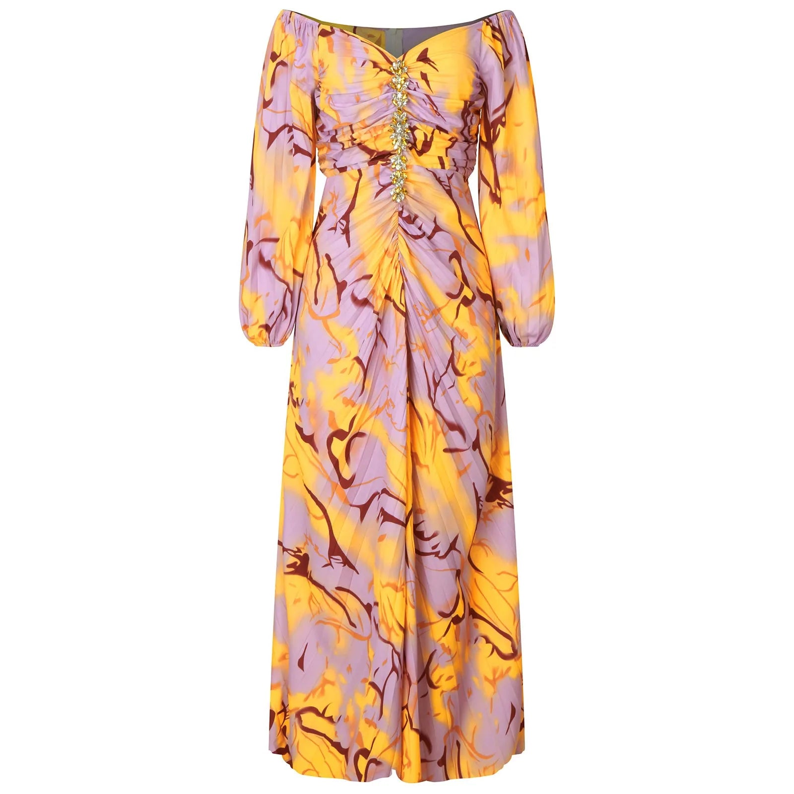 Printed Maxi Dress With Draped Sleeves And Side Slit Detail