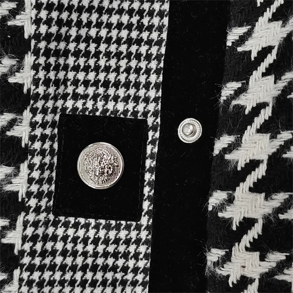 Retro Houndstooth Stand Collar Jacket with Tailored Vintage Inspired Silhouette