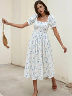 Blue Floral Print Smocked Midi Dress with Square Neckline and Puff Sleeves
